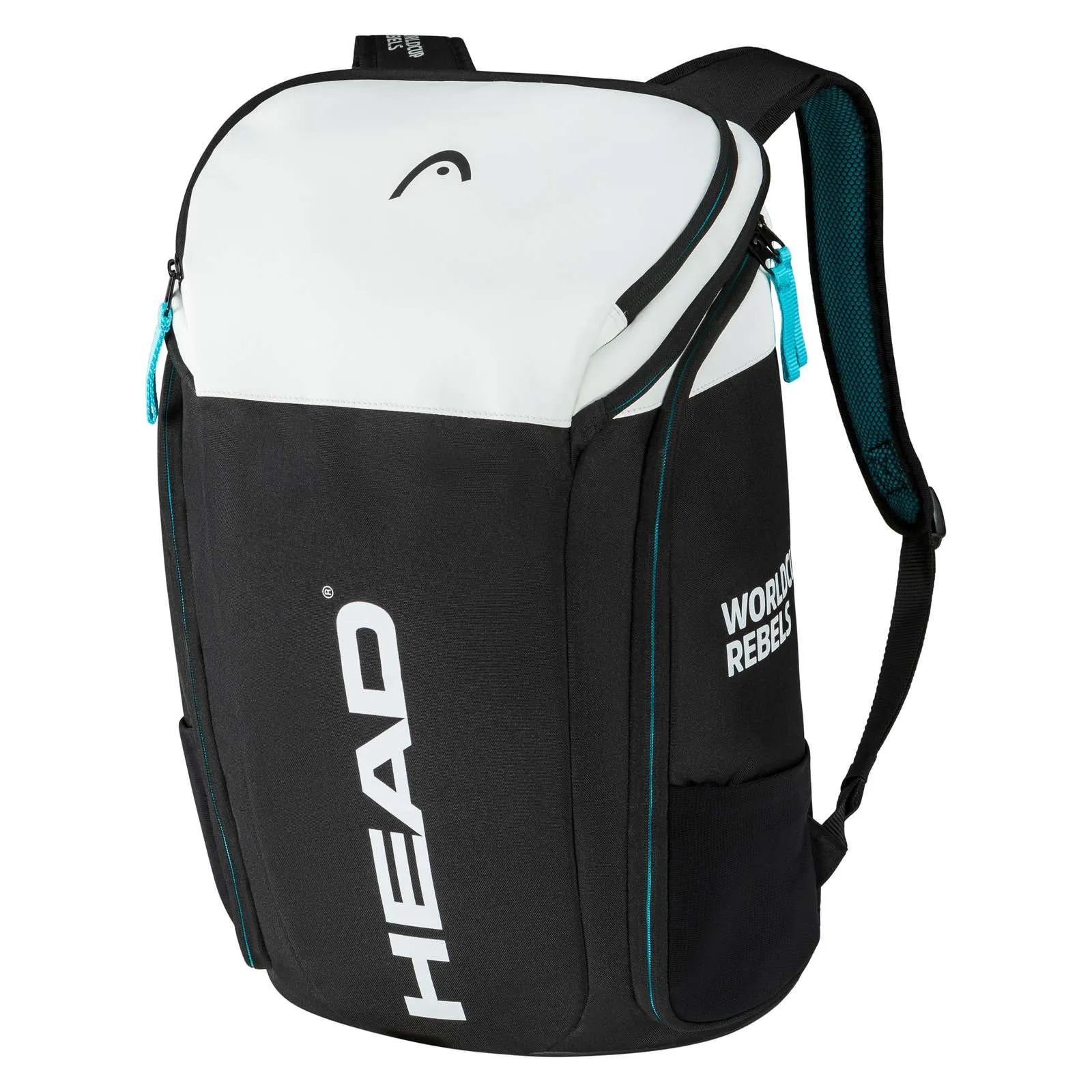 Schwarzer Head Rebels Backpack mit weißem Oberteil und türkisfarbenen Akzenten, seitlich angebrachte Außentaschen.
