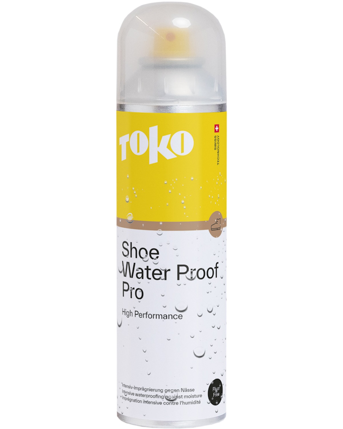 Sprühflasche Toko Textile Water Proof Pro 250ml mit gelbem Etikett und Text, zum Imprägnieren von Textilien.