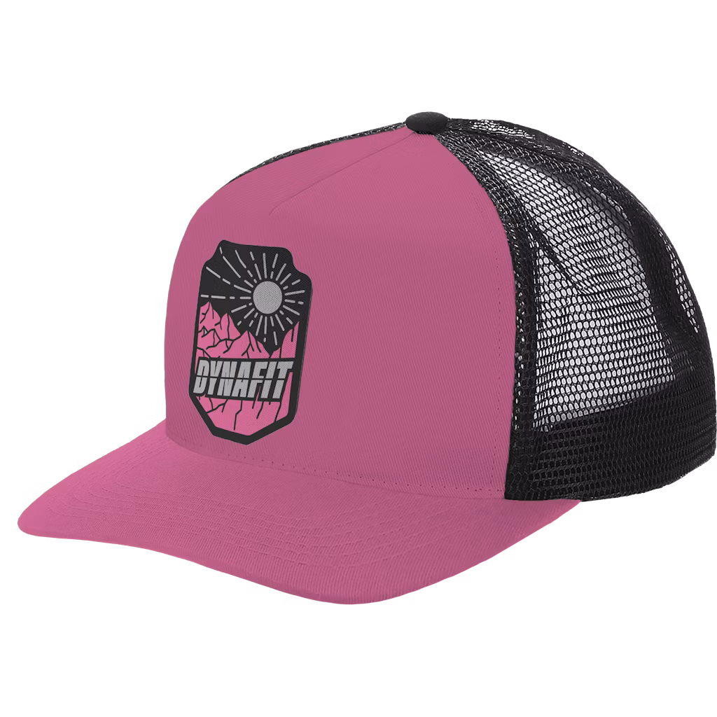 Pinke Dynafit Kappe Pinke Kappe mit schwarzem Netz und Dynafit-Logo mit Bergmotiv.