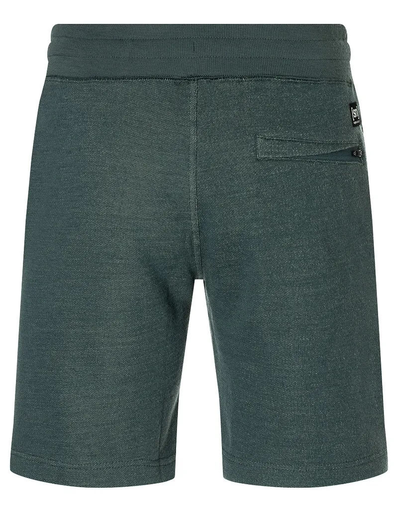 Nahaufnahme der Rückseite der Super.Natural Men Knitted Shorts in Urban Chic, mit Gesäßtasche mit Reißverschluss.