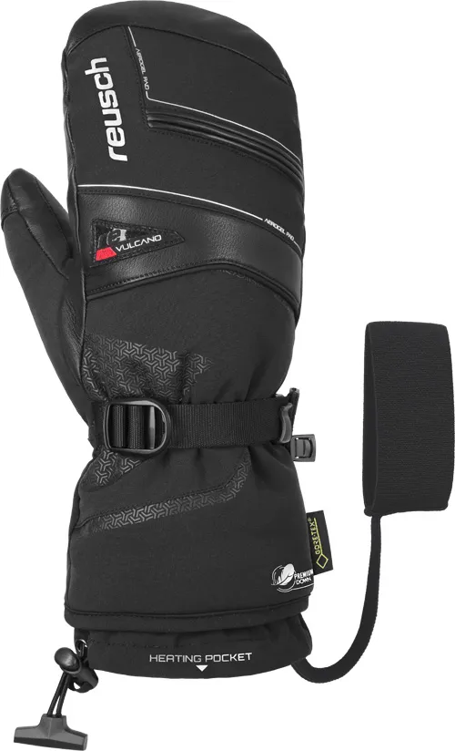 Schwarzer Reusch Volcano GTX Mitten Lady Skihandschuh mit Gore-Tex, Riegel, Logo und Handgelenkschlaufe im Detail.