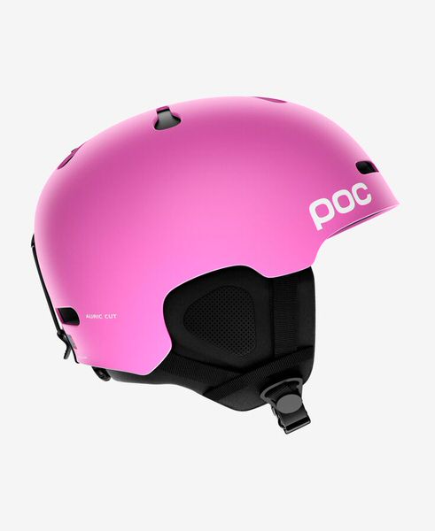 Pinker POC Skihelm Pinker Auric Cut Skihelm mit POC-Logo und Belüftungsöffnungen, Seitenansicht.