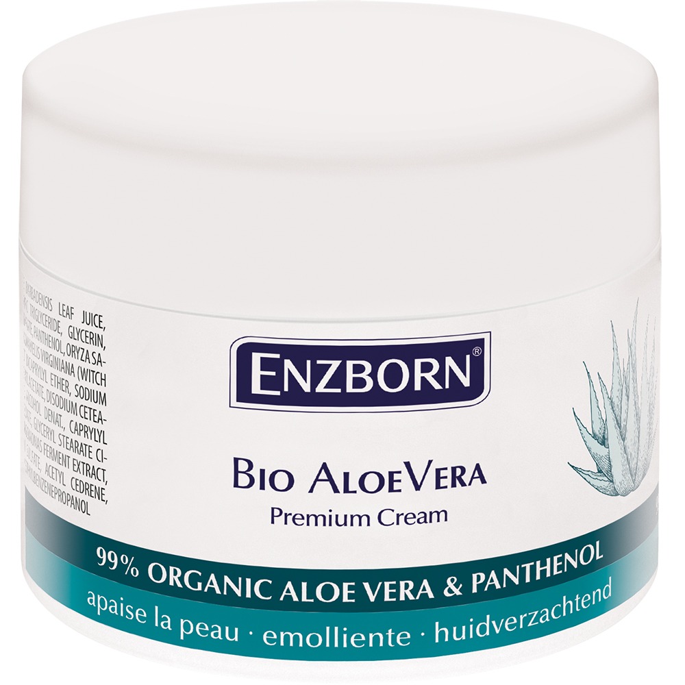 Draufsicht einer Dose Bio Aloe Vera Creme mit Aloe Vera Pflanze auf dem Etikett.
