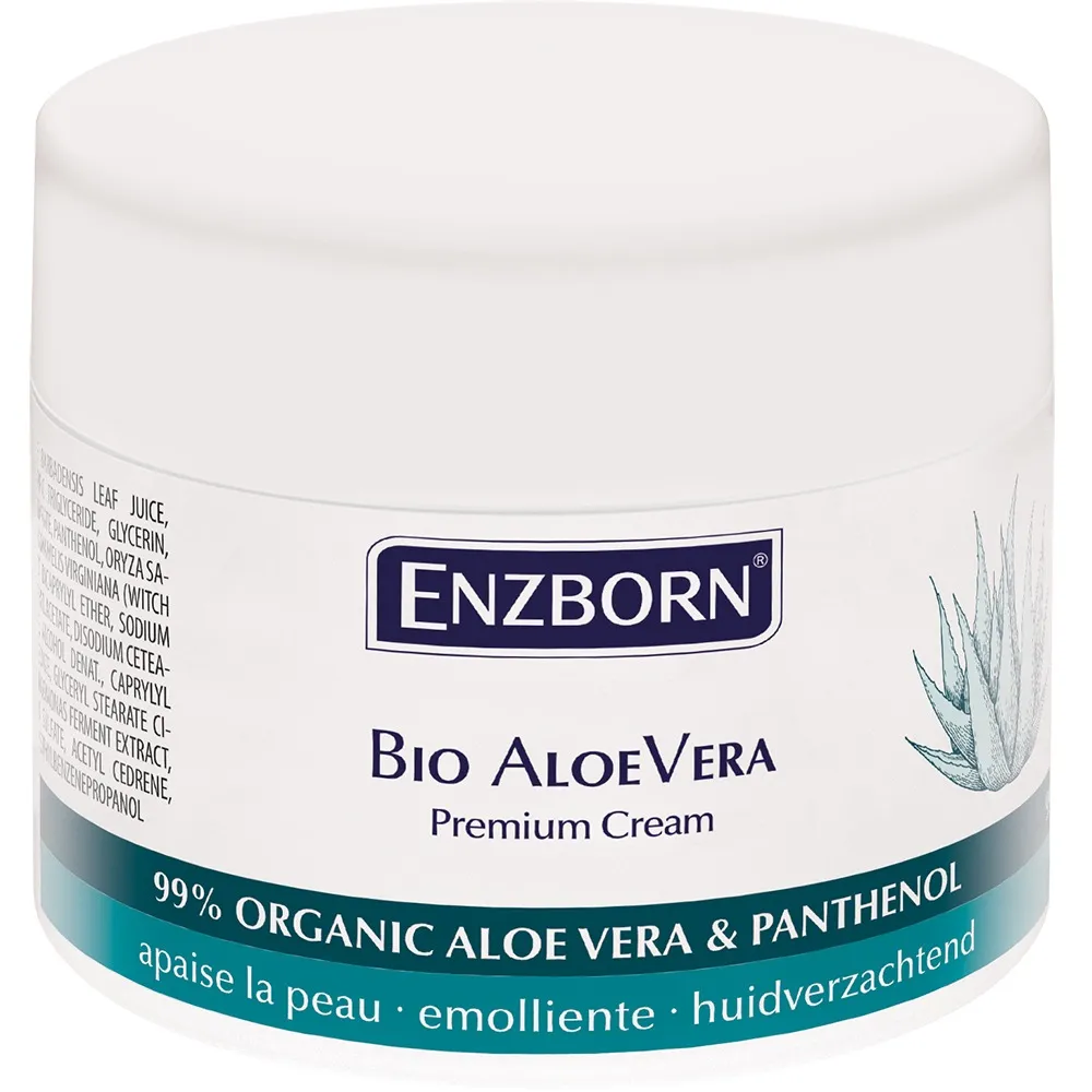 Draufsicht einer Dose Bio Aloe Vera Creme mit Aloe Vera Pflanze auf dem Etikett.