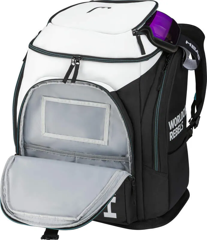 Offener Head Rebels Racing Backpack S, schwarz-weiß, mit Skibrille und "World Rebels" Schriftzug.