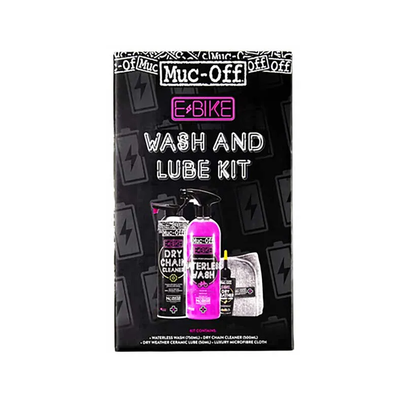 Verpackung des Muc-Off eBike Wash & Lube Kits mit Reiniger, Kettenöl und Tuch.
