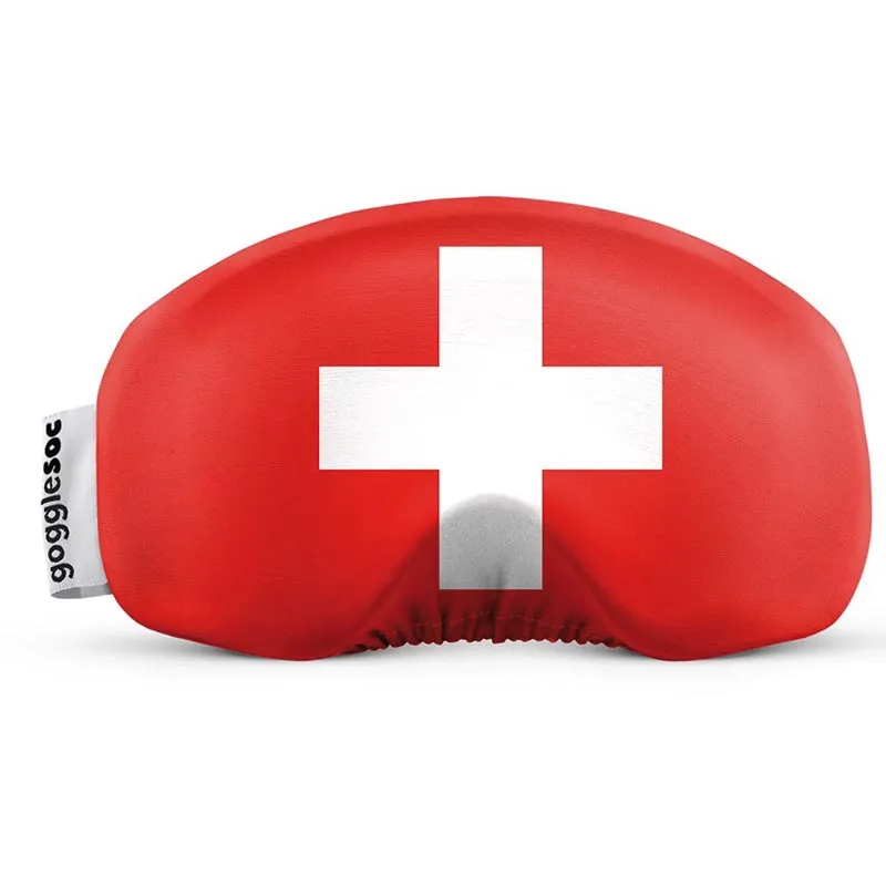 Roter SWISS SOC Brillen-Schutz mit weißem Schweizerkreuz-Motiv.