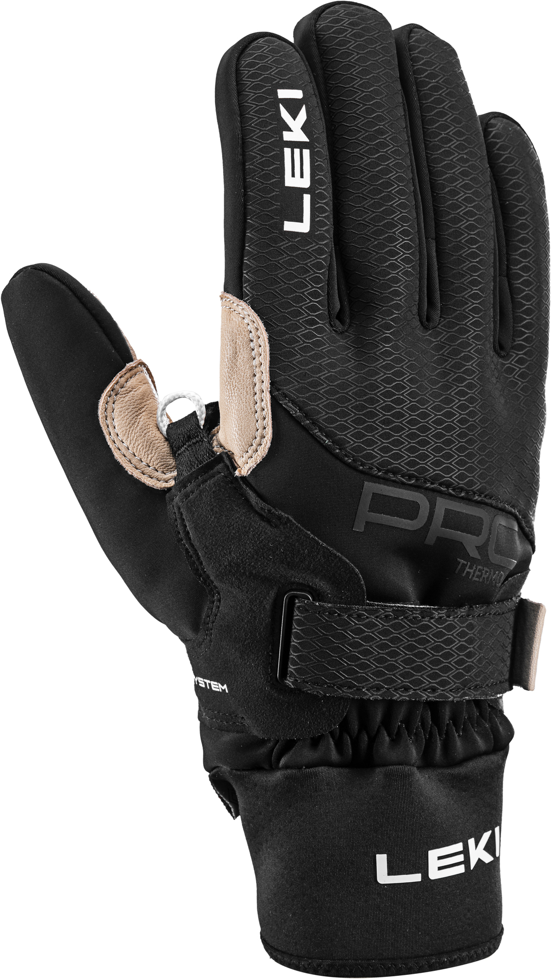Schwarzer Leki PRC Premium Thermo Plus Shark Handschuh, von der Seite, mit sichtbarem Logo, Verschluss und Lederdetails.