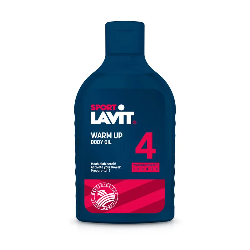 Blaue Flasche Sport Lavit Warm Up Body Oil mit roter Schrift und Wärmegrad-Anzeige.