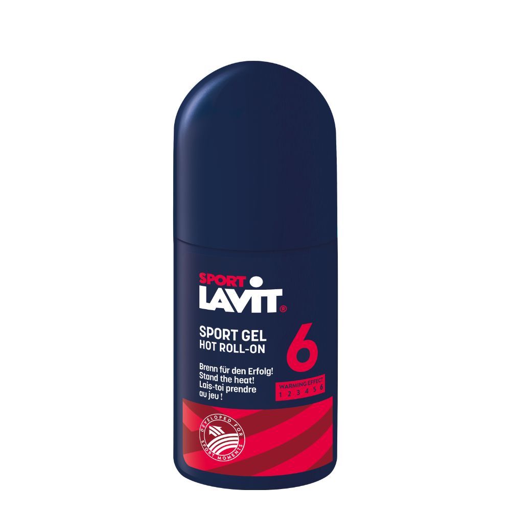 Dunkelblaue SPORT LAVIT Sportgel Hot Roll-on Flasche mit roter Schrift und roter Wärmeskala.