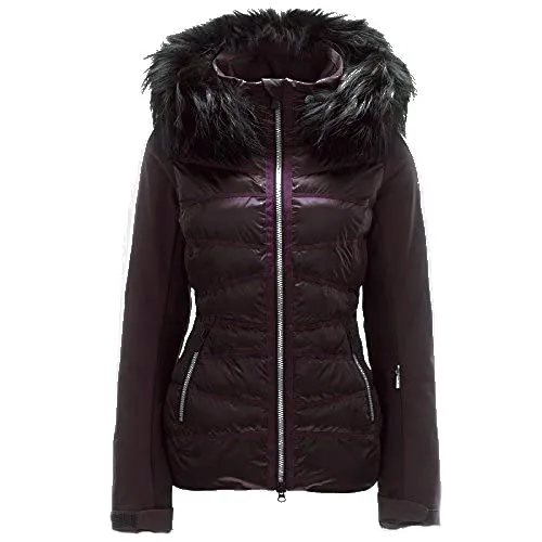 Dunkelviolette Toni Sailer Heloise Jacke mit Echtpelzbesatz an der Kapuze, Frontreißverschluss.