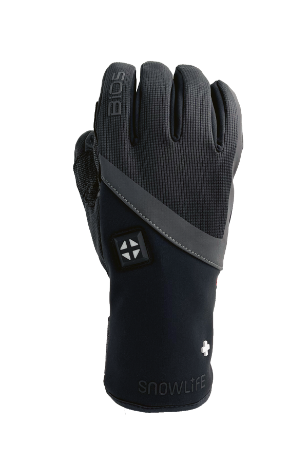 Schwarzer BIOS Heat Handschuh Schwarzer Snowlife BIOS Heat DT Handschuh, frontal, mit Bedienknopf und Markenlogo.