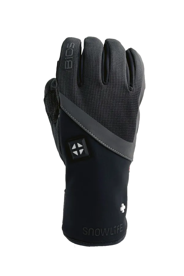 Schwarzer Snowlife BIOS Heat DT Handschuh, frontal, mit Bedienknopf und Markenlogo.