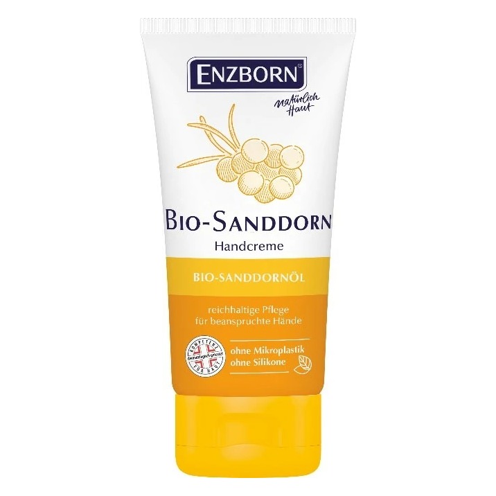 Tube Handcreme mit Sanddornöl, gelb-weisse Verpackung, Sanddorn-Abbildung.