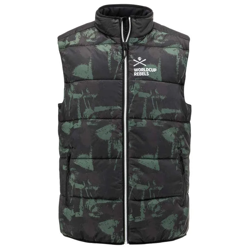 Steppweste für Herren mit Camouflage-Muster, durchgehendem Reißverschluss und "World Cup Rebels"-Logo.