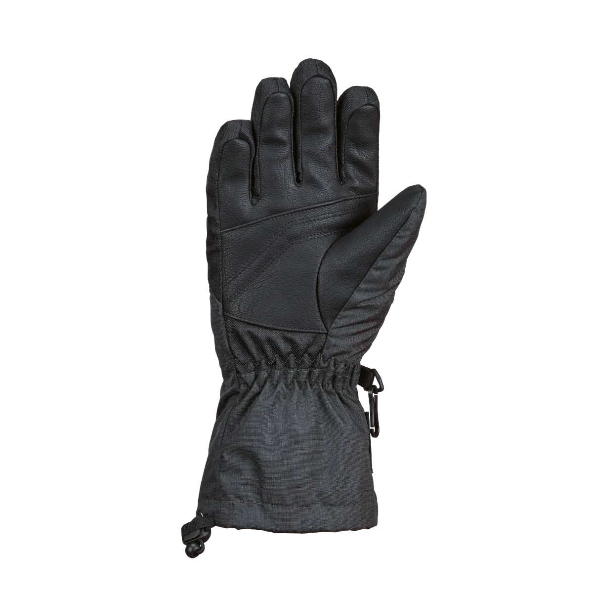 Schwarzer Winterhandschuh, Handfläche nach oben, mit leicht geöffneten Fingern, vor einem weißen Hintergrund.