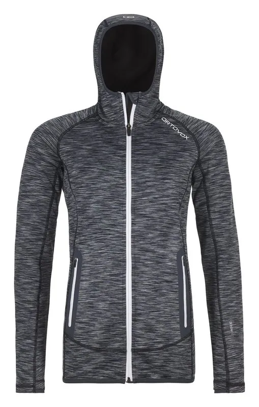 Schwarzer Ortovox Fleece Hoody mit durchgehendem, weißen Reißverschluss und Kapuze. Seitliche Taschen mit Reißverschluss.