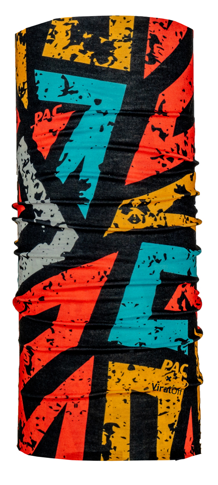 Buntes Zickzack-Schlauchtuch Das PAC ViralOff Kids lineeoff Schlauchtuch zeigt ein abstraktes, farbenfrohes Zickzackmuster auf schwarzem Grund.