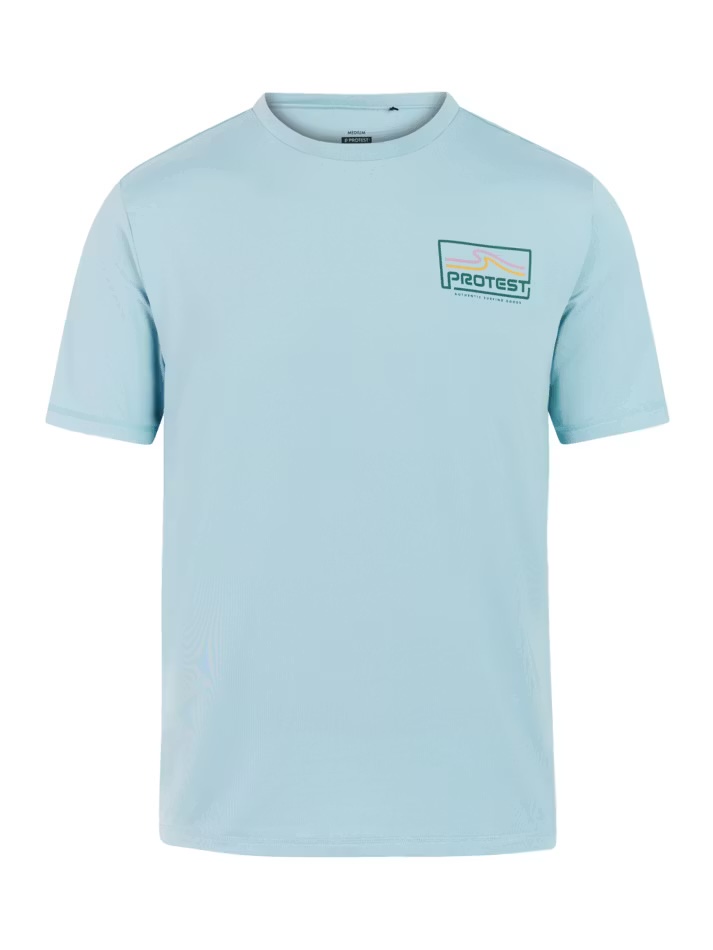 Hellblaues T-Shirt mit Protest-Logo und Wellenmotiv auf der Brust.