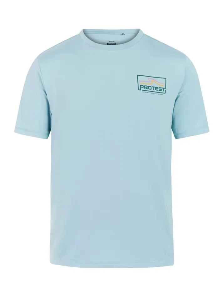 Hellblaues T-Shirt mit Protest-Logo und Wellenmotiv auf der Brust.