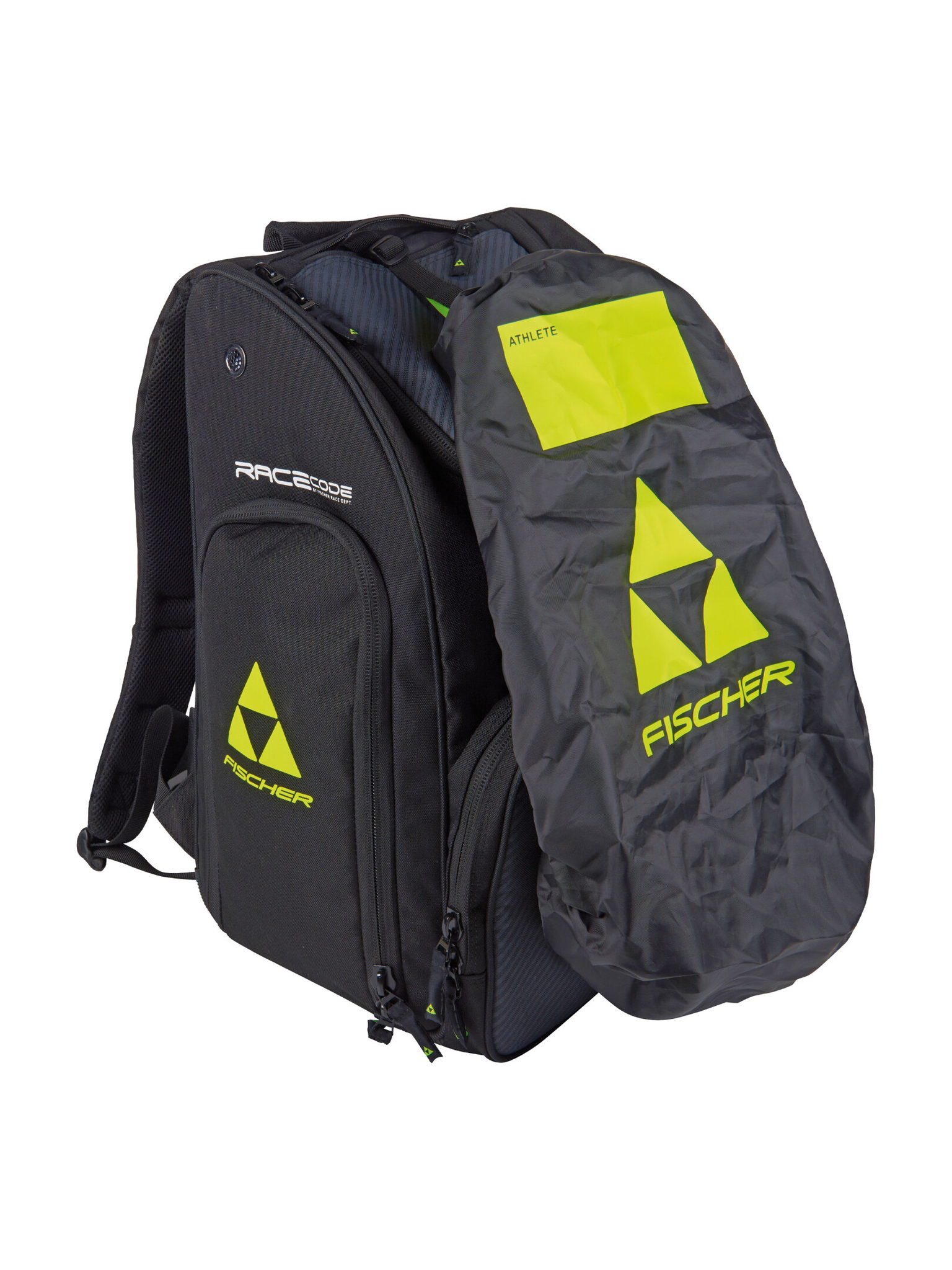 Schwarzer Fischer-Rucksack Ein schwarzer Fischer-Rucksack mit gelbem Logo, Details und einer grauen wasserdichten Abdeckung. Auf dem Cover ist ein gelbes Namensschild "ATHLETE" zu sehen.