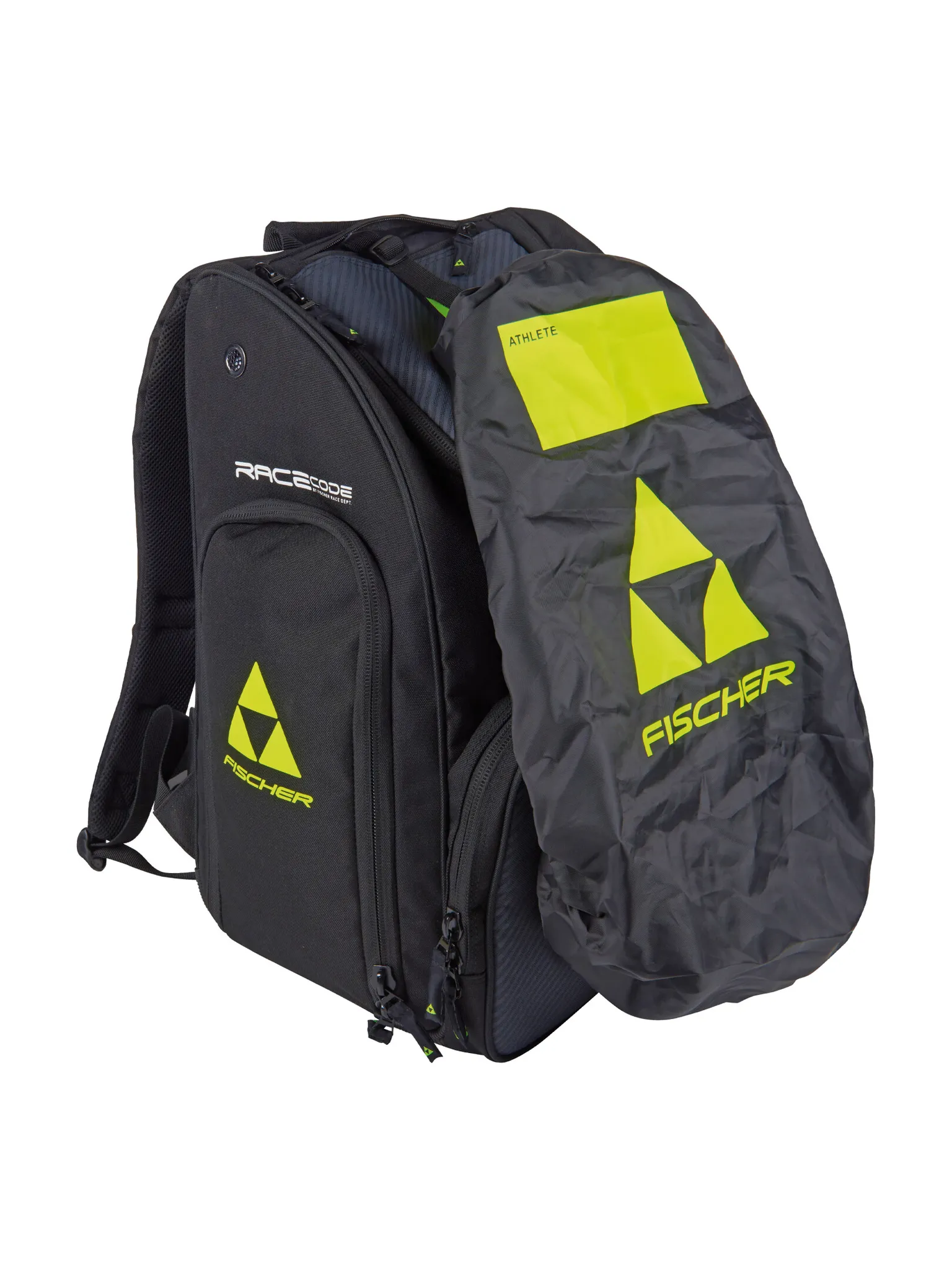 Ein schwarzer Fischer-Rucksack mit gelbem Logo, Details und einer grauen wasserdichten Abdeckung. Auf dem Cover ist ein gelbes Namensschild "ATHLETE" zu sehen.