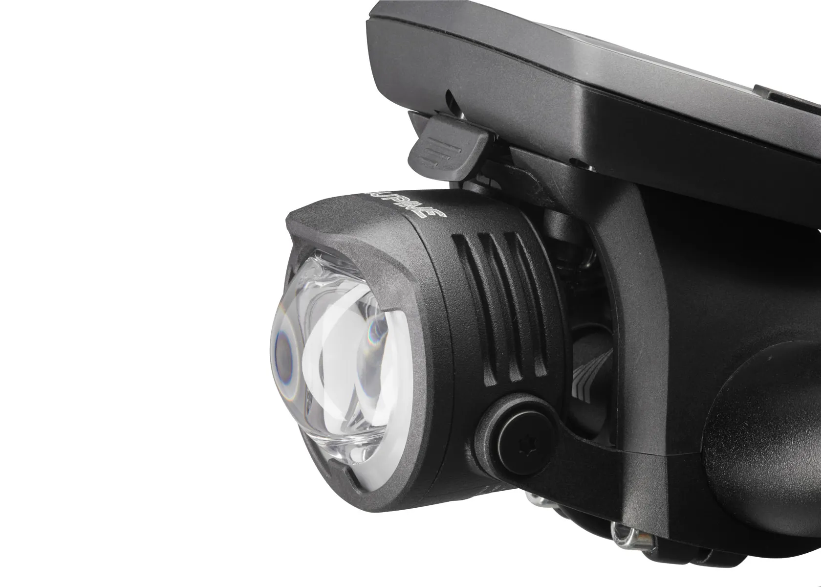 Nahaufnahme einer Lupine SL B Bosch E-Bike Beleuchtung mit Halterung. Die Lampe ist schwarz und hat eine klare Linse.