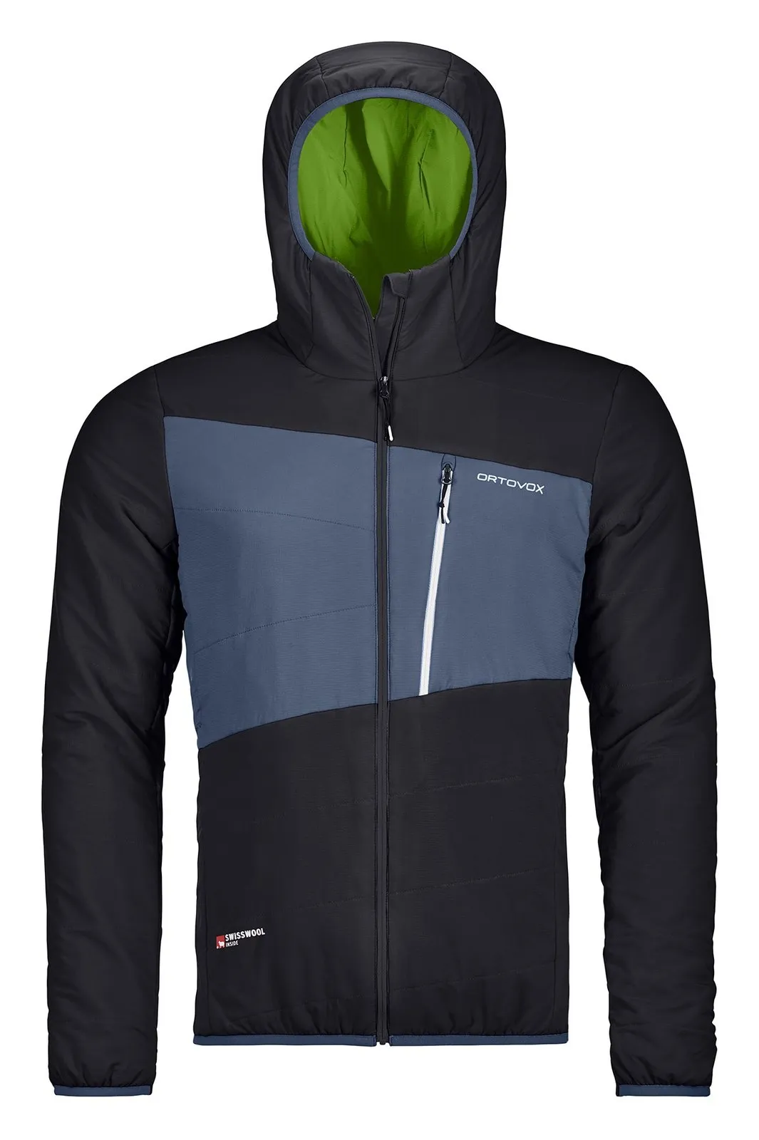 Schwarze Ortovox Zebru Swisswool Jacke für Herren mit Kapuze und blauem Einsatz, Reißverschluss und Brusttasche.