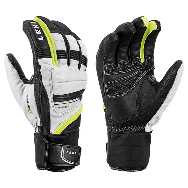 Leki Griffin Prime S Handschuhe Zwei Ski-Handschuhe, Leki Griffin Prime S, einer mit Handflächenseite, der andere mit Handrückenseite. Schwarz, weiß und gelbe Akzente.