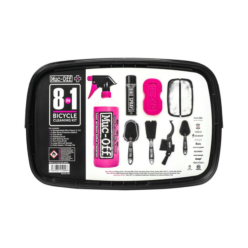 Muc-Off Fahrrad Reinigungsset Muc-Off 8-IN-One Bike Cleaning Kit in schwarzem Eimer. Reiniger, Bürsten und Schwämme für die Fahrradpflege.