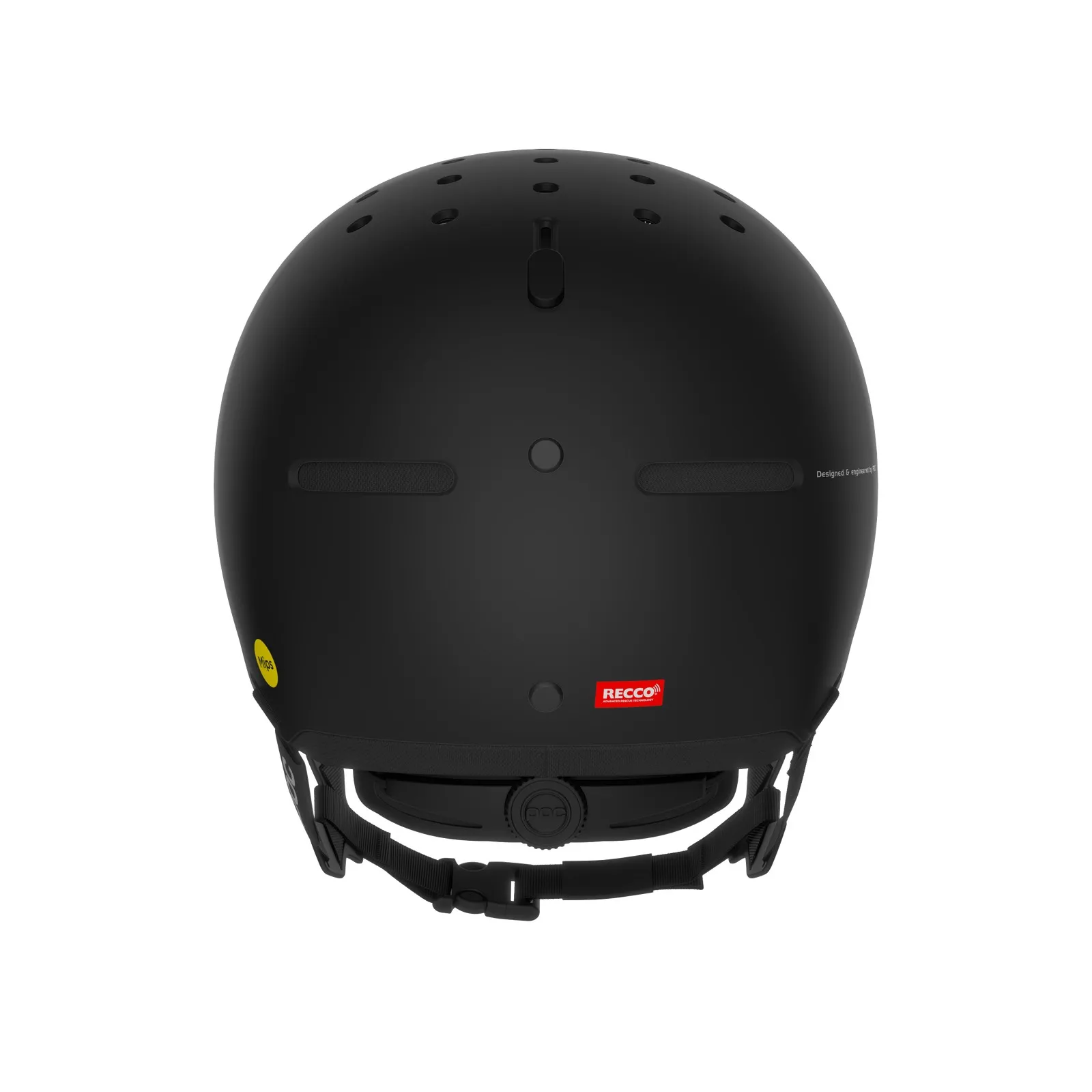 Schwarzer POC Calyx Helm von hinten mit Belüftungslöchern und RECCO-Reflektor am Einstellrad.