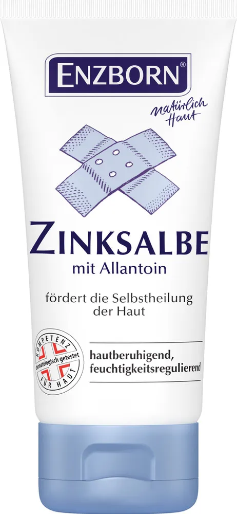 Weiße Tube ENZBORN Zinksalbe mit blauem Schriftzug, Pflaster-Symbol und hellblauem Deckel.