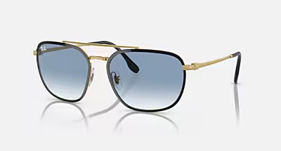 Ray-Ban RB3708 Sonnenbrille in Schwarz und Gold mit blauen Gläsern, Ansicht von der Seite.