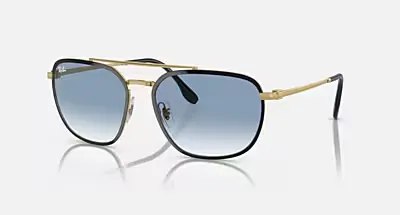Ray-Ban RB3708 Sonnenbrille in Schwarz und Gold mit blauen Gläsern, Ansicht von der Seite.