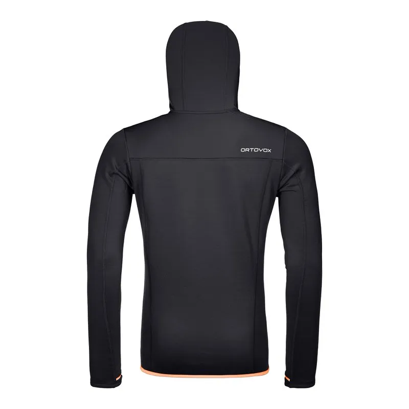 Rückansicht eines schwarzen Ortovox Fleece Hoody mit Kapuze und langen Ärmeln. Der Saum und die Ärmel haben einen orangefarbenen Akzent.