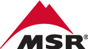 Das rote MSR Logo: stilisierte Bergspitzen über dem Schriftzug, ein geschwungener Bogen verbindet Bild und Text.