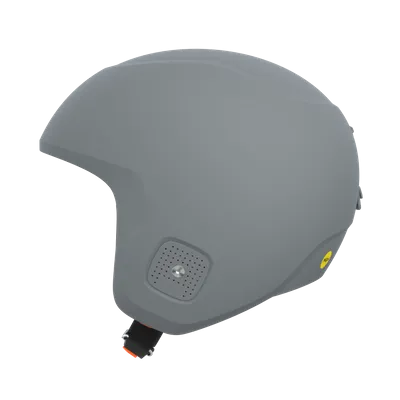 Grauer Ski- oder Snowboardhelm mit Belüftungsöffnungen und einem kleinen gelben Aufkleber an der Seite. Das Kinnband ist schwarz.