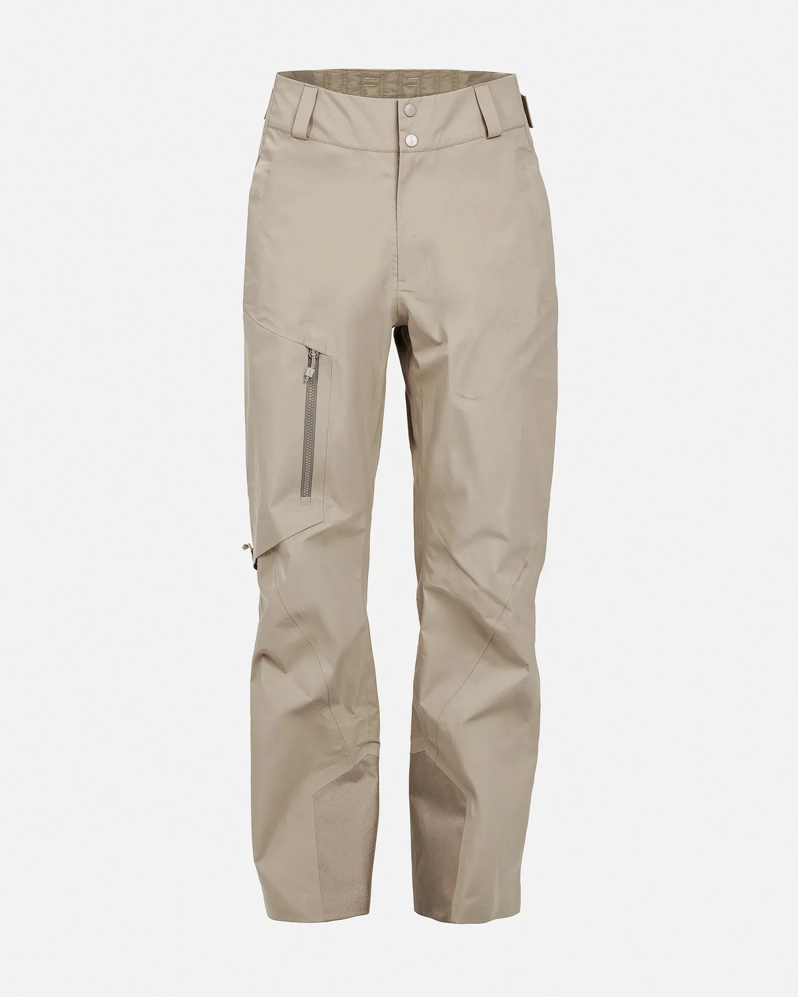 Beige Stoffhose mit geradem Bein, Reißverschlusstasche und verstärktem Beinabschluss.