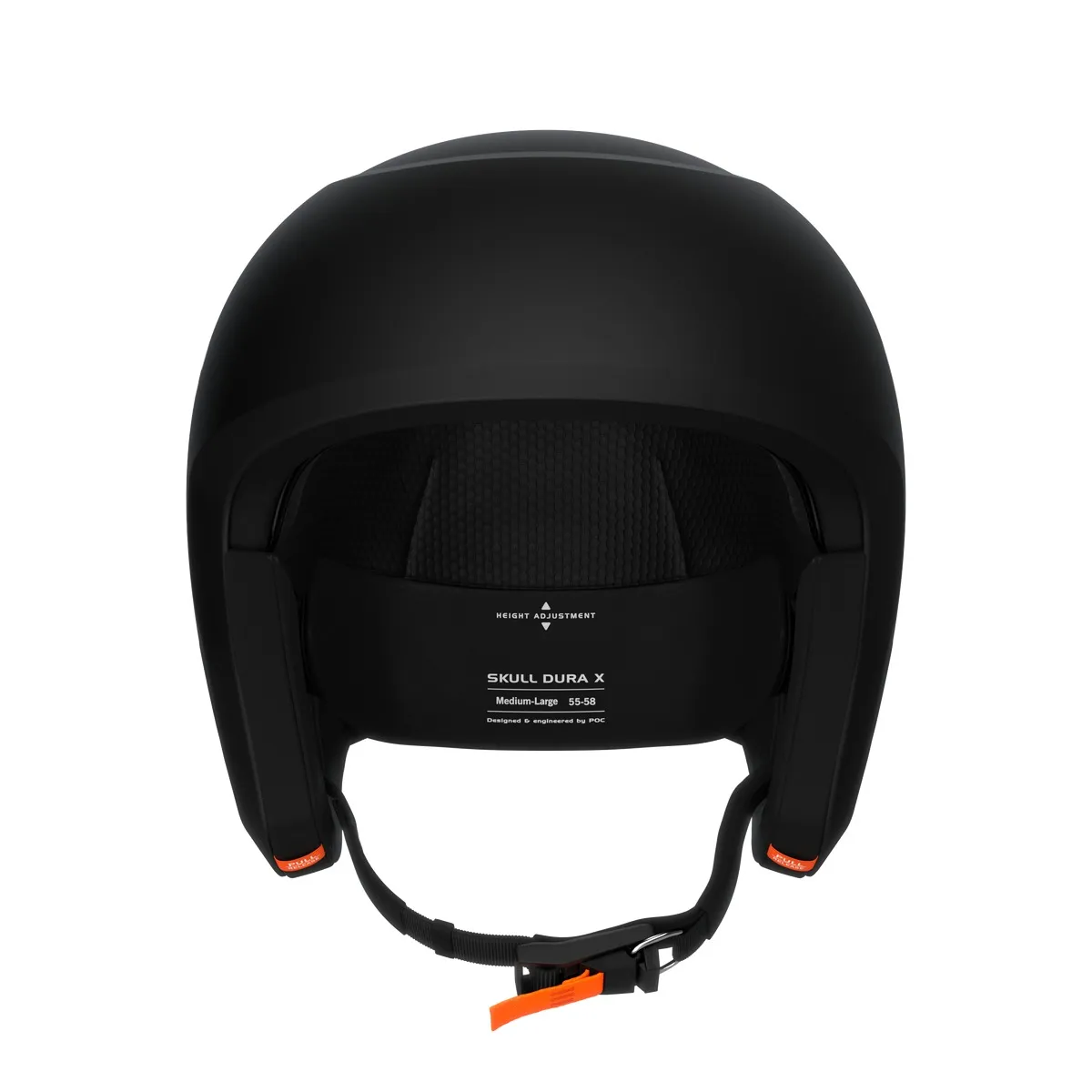 Frontale Ansicht des schwarzen Skull Dura X Mips Skihelms mit offenem Kinnriemen und Innenpolsterung.
