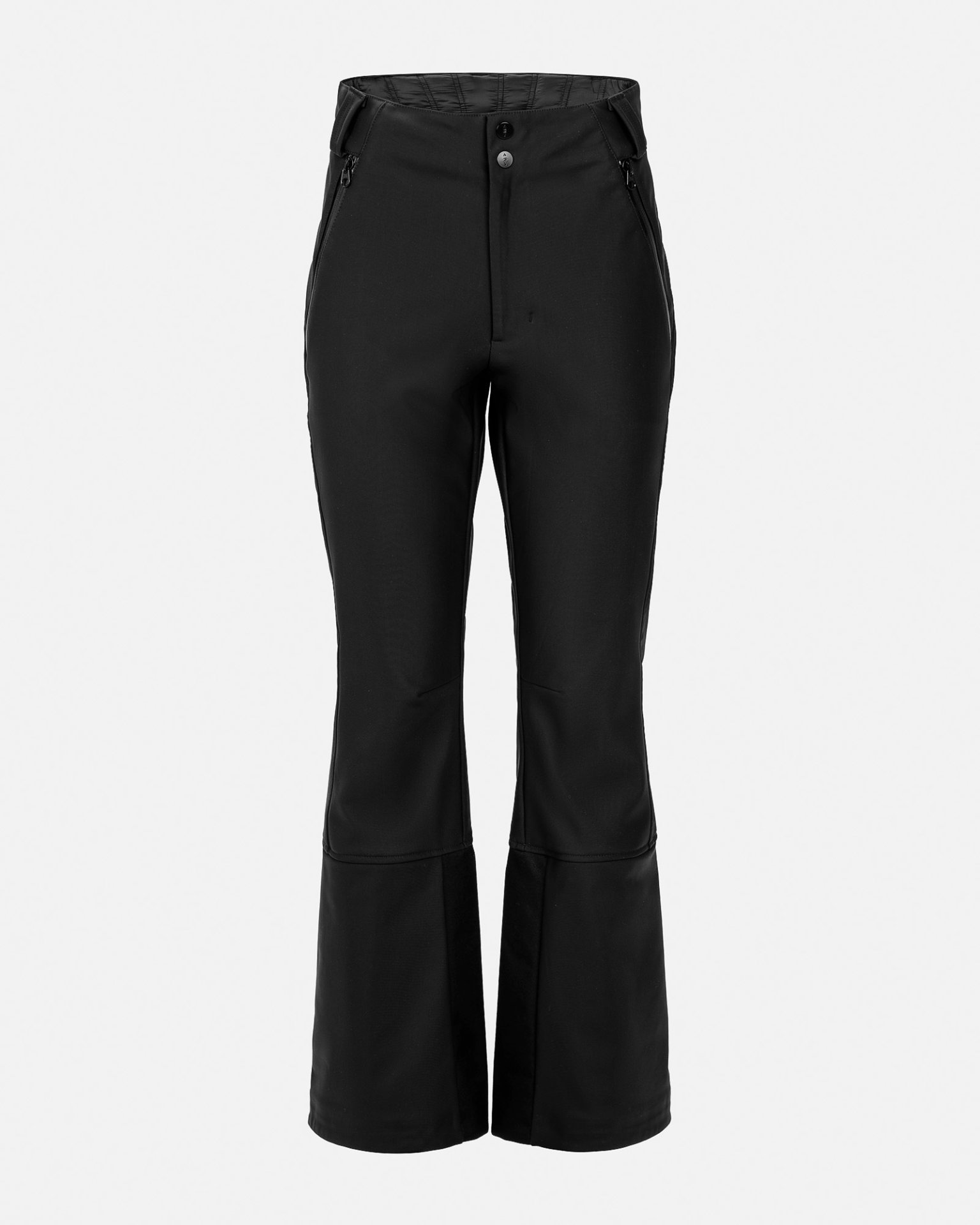 Schwarze, isolierte Stretch-Skihose für Damen, frontal, mit Reißverschlüssen an den Taschen.