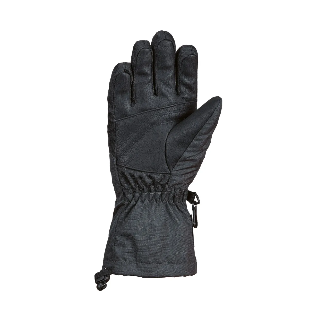 Schwarzer Winterhandschuh, Handfläche nach oben, mit leicht geöffneten Fingern, vor einem weißen Hintergrund.