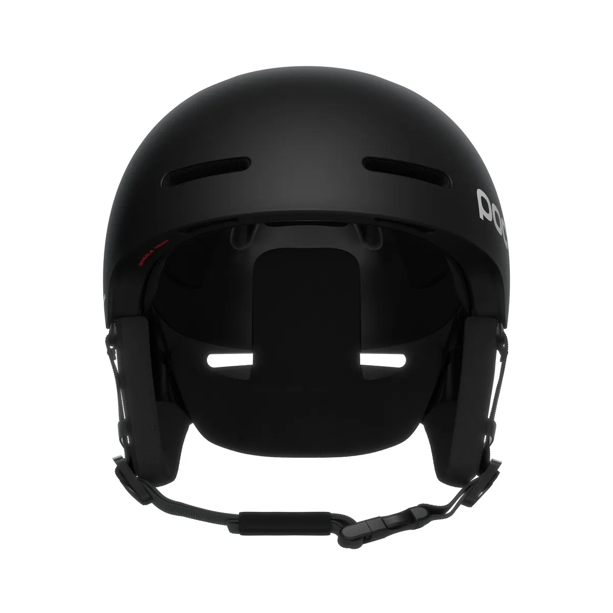 Schwarzer Poc Fornix Mips Skihelm, Frontansicht, mit Ohrenschützern und Belüftungsöffnungen.