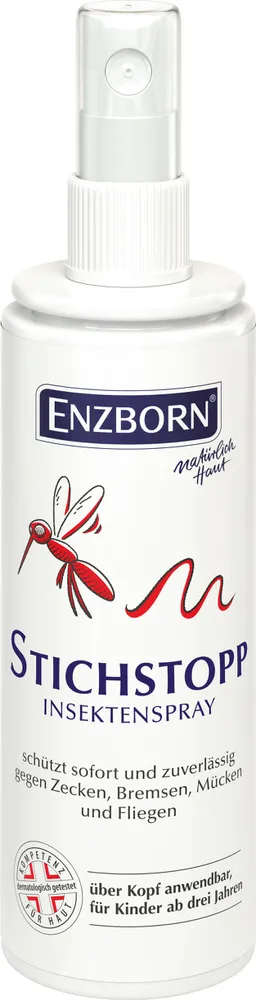 Weiße Sprühflasche Stich-Stopp Spray mit roter Mücke und Schriftzug. Insektenschutz gegen Zecken, Bremsen, Mücken und Fliegen.