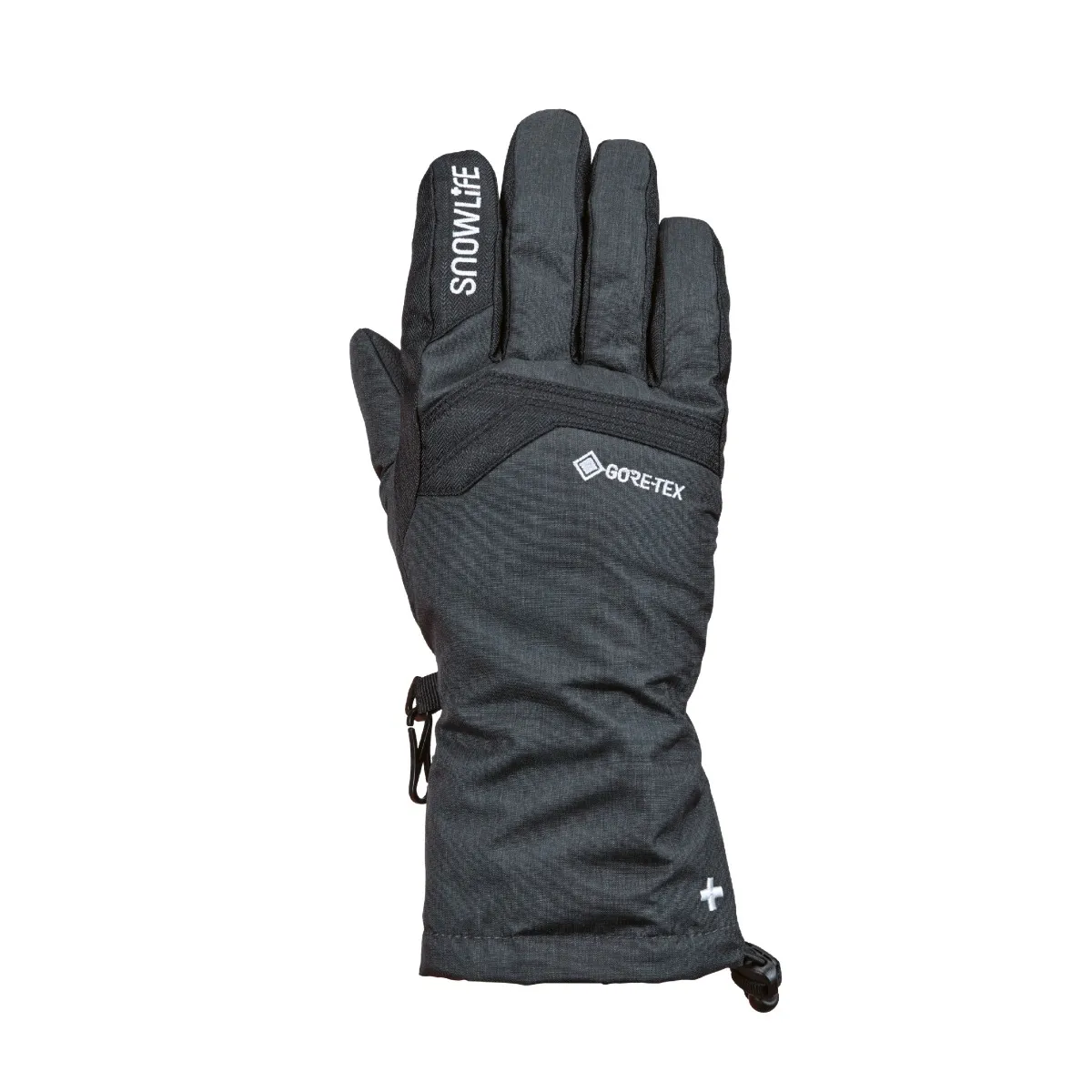 Grauer Winterhandschuh, Handfläche nach oben, mit Aufdrucken, Gore-Tex-Logo und verstellbarem Bündchen.