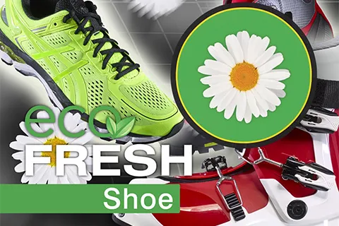 Sportschuhe und Skischuhe mit Schriftzug "Eco Fresh Shoe" und einer Gänseblümchen-Grafik.