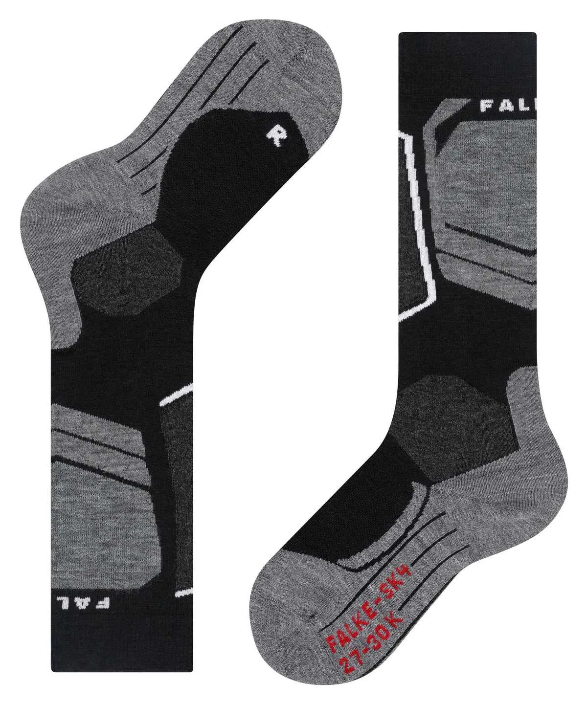 Schwarze und graue Sport-/Skisocken. Links umgeklappt, Sohle mit „R“ für rechts. Rechts aufrecht mit rotem „FALKE SK4“-Logo am Spann. Beide mit Verstärkungen an Ferse, Zehen und Schienbein (helleres Grau, weiße Linien).