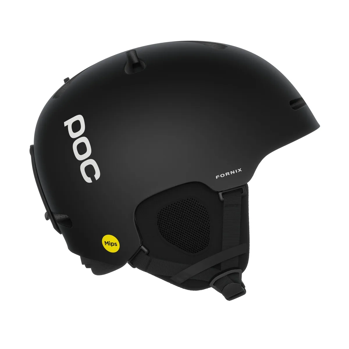 Schwarzer Skihelm Poc Fornix Mips. Das Poc-Logo ist auf der Seite des Helms sichtbar. Das Mips-Logo befindet sich am unteren Rand.