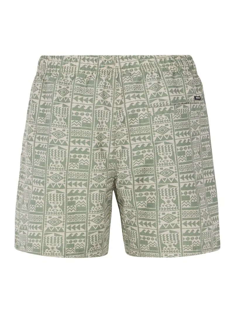 Artichoke Green Badeshorts mit geometrischem Muster, elastischem Bund und Gesäßtasche.