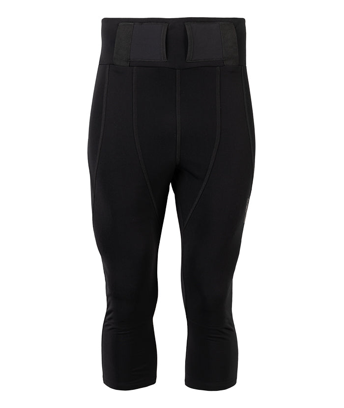 Schwarze, knielange Lenz Heat Pants 2.0, Frontansicht. Elastischer Bund mit Befestigungslaschen für Akkus.