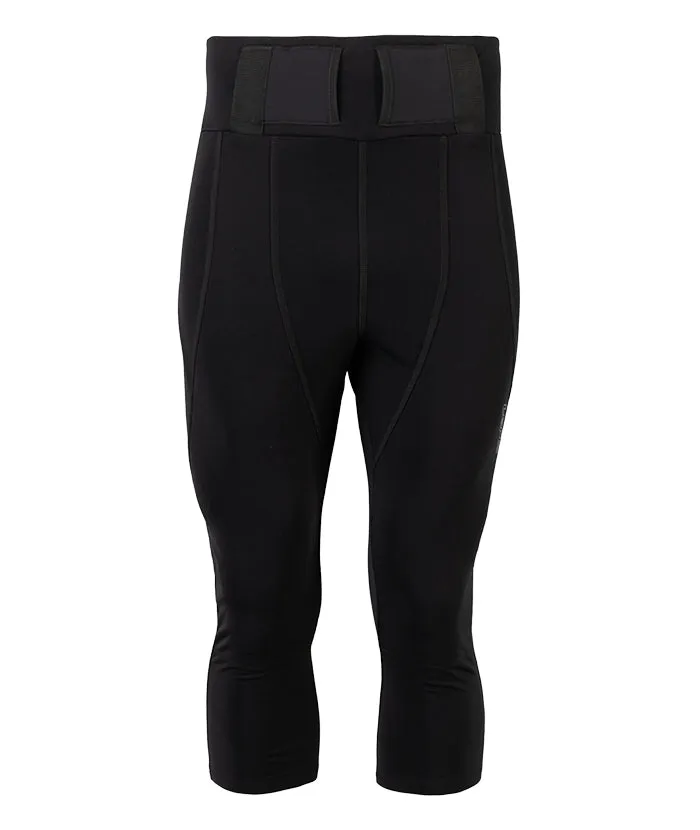 Schwarze, knielange Lenz Heat Pants 2.0, Frontansicht. Elastischer Bund mit Befestigungslaschen für Akkus.